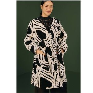 Farm Rio Wild Hearts Fleece Coat XS Black White Wool Blend Long Cardigan Sweater